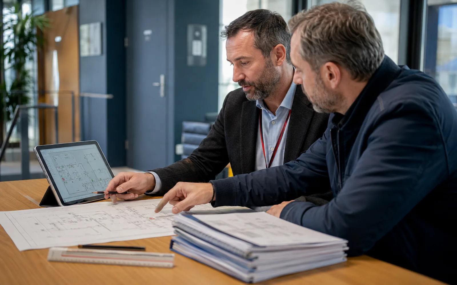 Un consultant PREGERIS et un responsable de site comparent plan, schéma d'équipements et procédures : l'articulation des cinq dimensions de la sûreté.