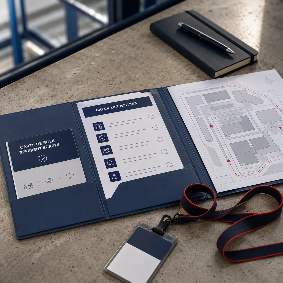Le kit du référent : carte de rôle, check-list d'actions, plan (abstraits).