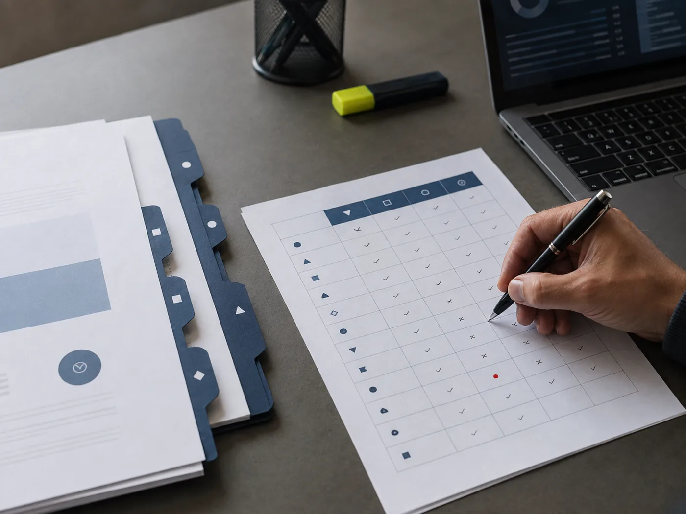 Sur un bureau, des dossiers d'offres comparés, une grille d'analyse annotée à la main.