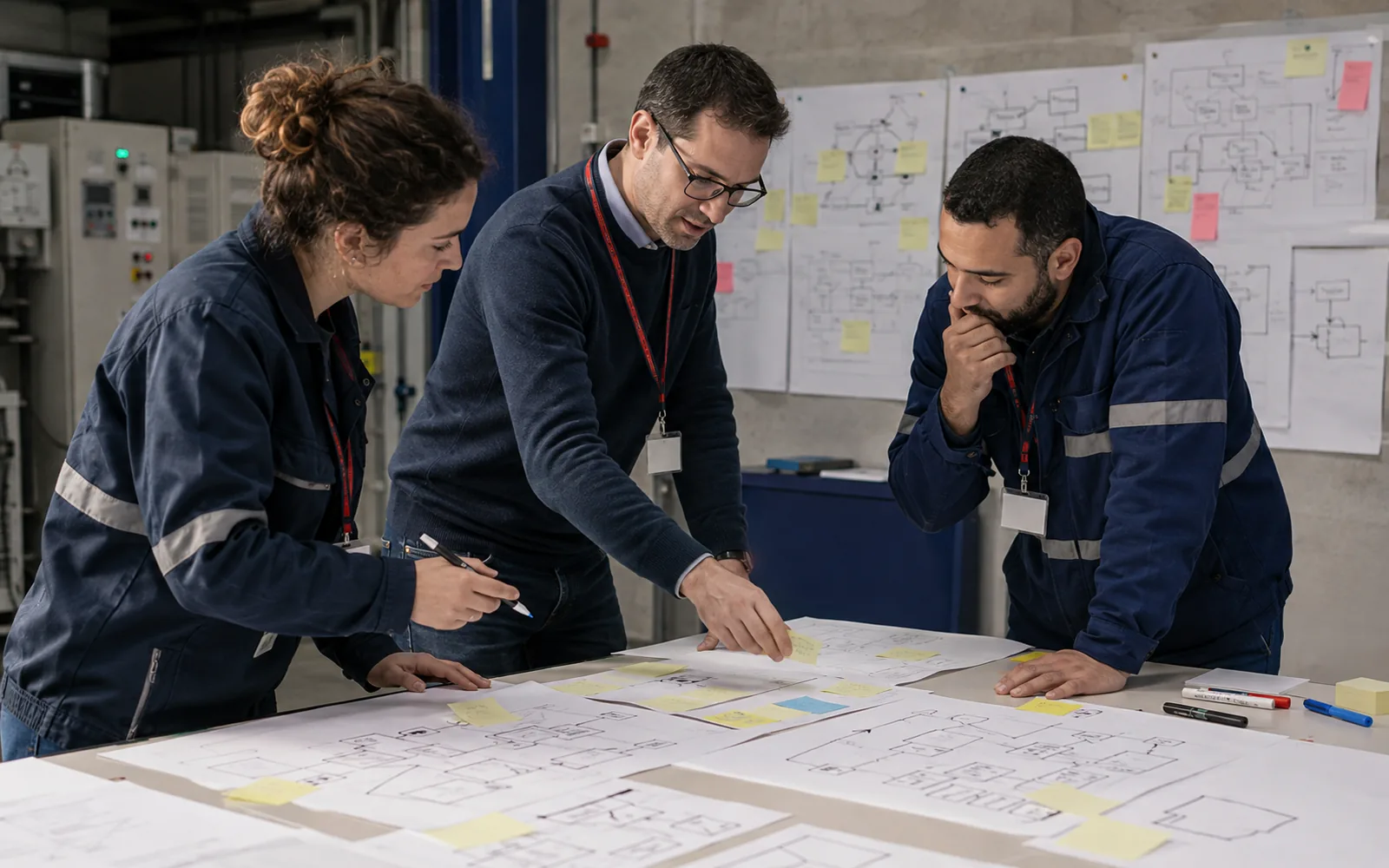 Atelier de travail : consultant et exploitants affinent des procédures (feuilles, pense-bêtes).