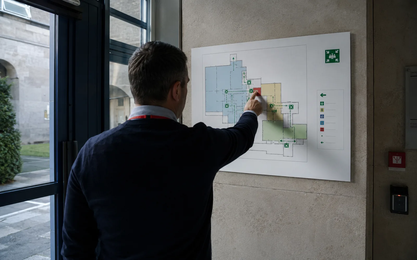 Un plan de zones de mise en sûreté affiché au mur, consulté par le référent.