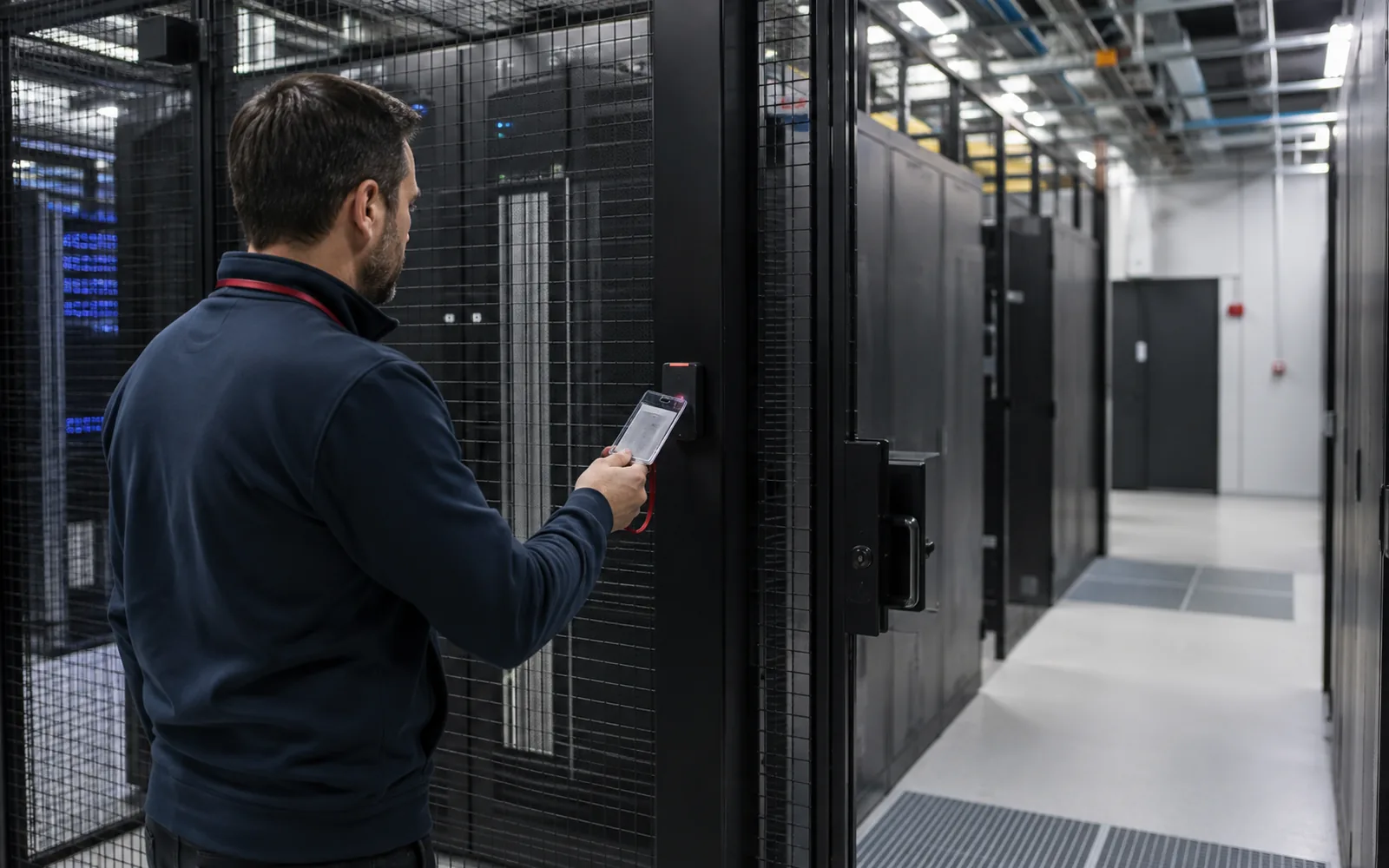 Contrôle d'accès à une allée de baies sécurisée (cage) dans un data center