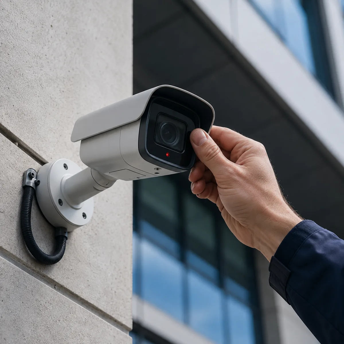 Gros plan réaliste d'une caméra de vidéoprotection réglée/vérifiée en façade.
