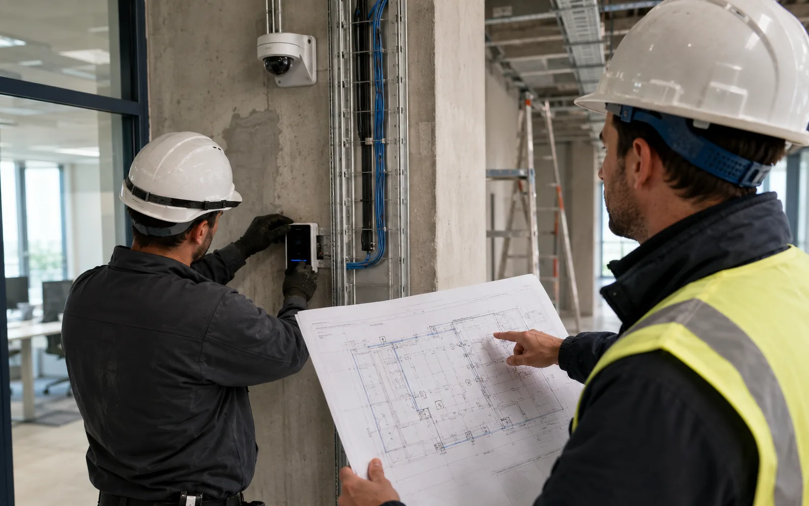 Coordination sur un chantier/aménagement : consultant, plan, et installation en cours avec un intégrateur.