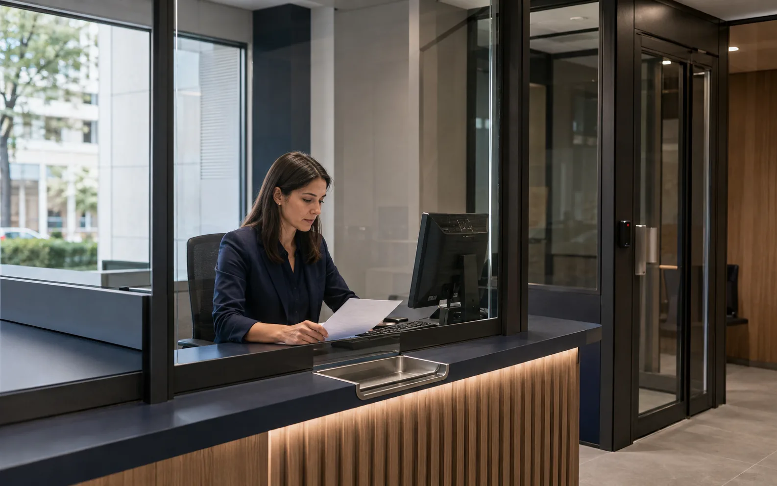 Poste conseiller d'agence bancaire protégé par un vitrage et un sas discrets : protection des personnels au contact du public.