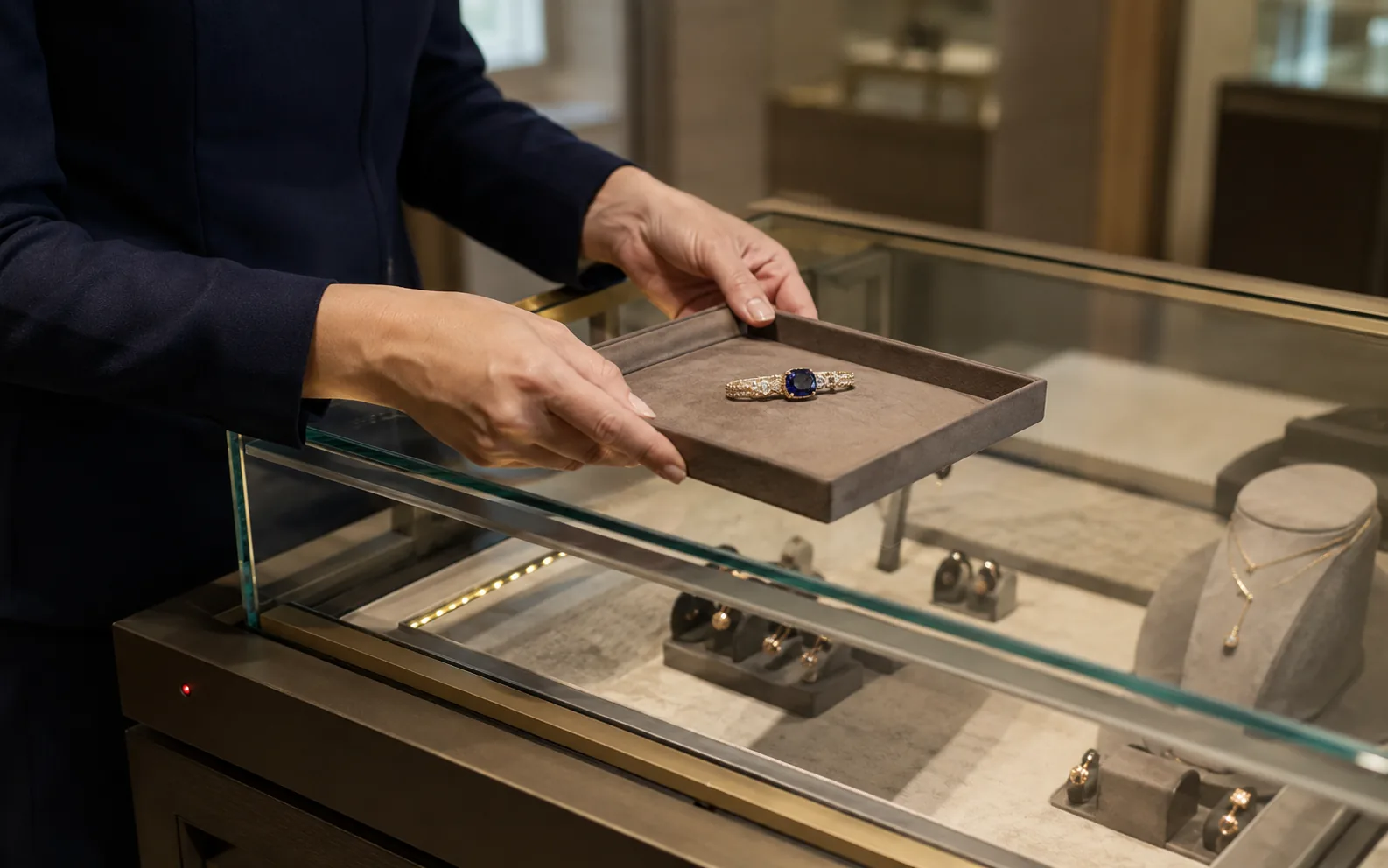 Présentation soignée d'une pièce de valeur dans une vitrine discrètement sécurisée d'une boutique de luxe : protection sans altérer l'élégance.